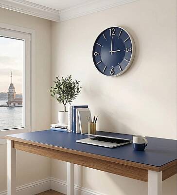 30 cm Duvar Saati Minimalist Çizgisel Rakamlı Siyah (KOD-5957-Lacivert) - 2