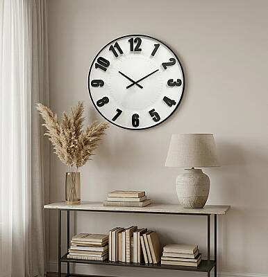 50 cm Duvar Saati Siyah Kabartma Rakamlı Beyaz (KOD-3630-1) - 2
