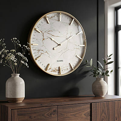 76 cm Duvar Saati Beyaz Mermer Desenli Gold Çerçeveli (KOD-3317G) - 2