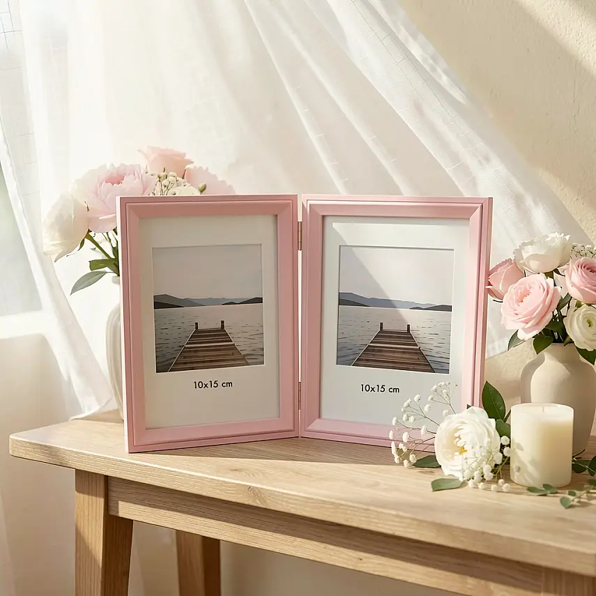 İkili Ahşap Fotoğraf Çerçevesi 10x15 Pembe (YL-22P-2) - 1